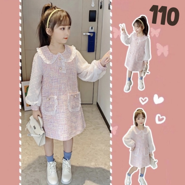 110 キッズ ツイード チェック柄 ワンピース 長袖 シフォン 清楚 可愛い  キッズ/ベビー/マタニティのキッズ服女の子用(90cm~)(ワンピース)の商品写真