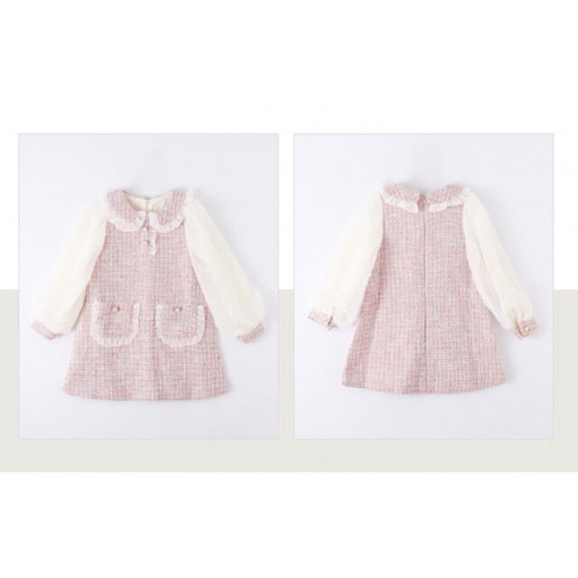 110 キッズ ツイード チェック柄 ワンピース 長袖 シフォン 清楚 可愛い  キッズ/ベビー/マタニティのキッズ服女の子用(90cm~)(ワンピース)の商品写真