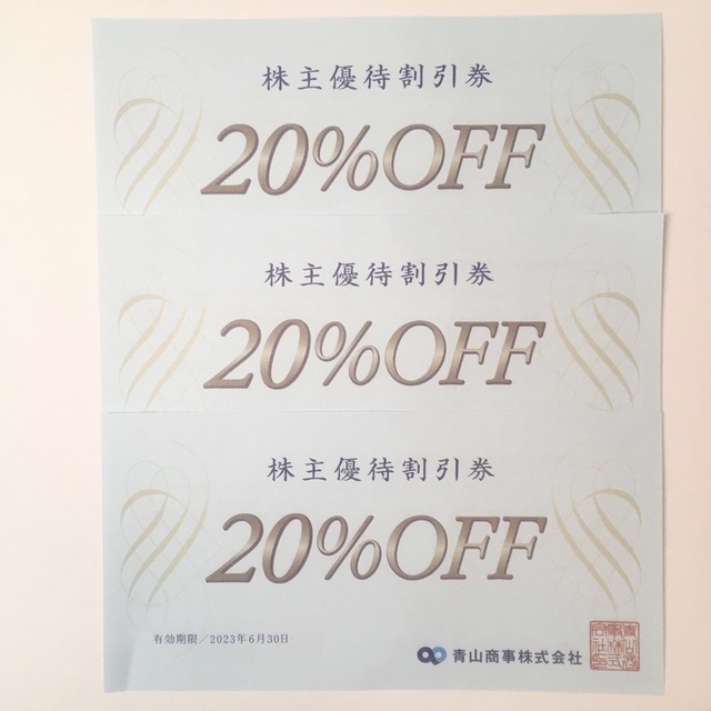 THE SUIT COMPANY(スーツカンパニー)の洋服の青山　20%割引券　3枚 チケットの優待券/割引券(ショッピング)の商品写真