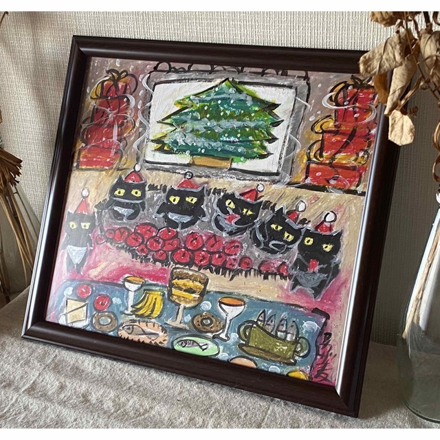 絵画 。壁掛け絵【猫ちゃんたちの幸せなクリスマスパーティー】04