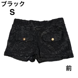 パンツ ショート ツイード ウエストゴム ブラック S レディース 秋 冬(ショートパンツ)