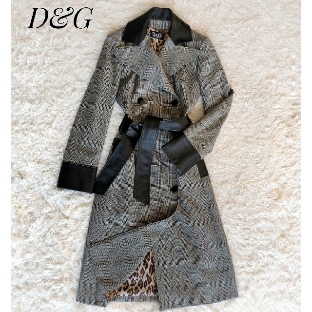 DOLCE&GABBANA(ドルチェアンドガッバーナ)の【D&G】ウールコート グレンチェック レザー 40 ロング レディースのジャケット/アウター(ロングコート)の商品写真