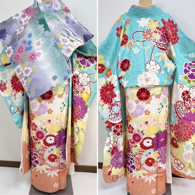 豪華【花々】正絹 刺繍 古典柄 振袖セット s703