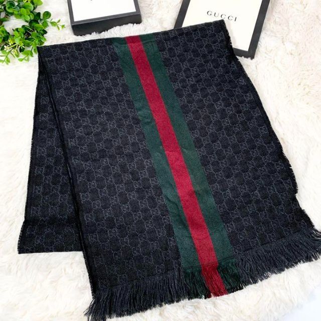 美品】GUCCI グッチ マフラー 大判 黒 シェリーライン GG柄 オンライン