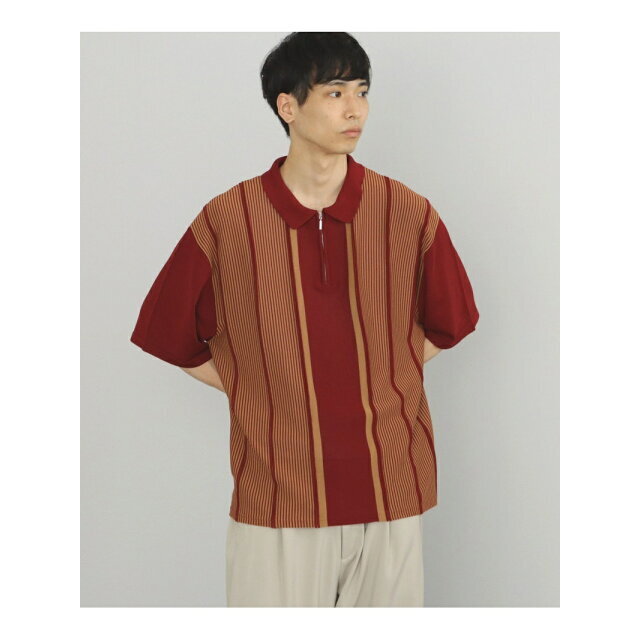 【BURGUNDY】BEAMS HEART / ジップ ストライプ ポロシャツ 4