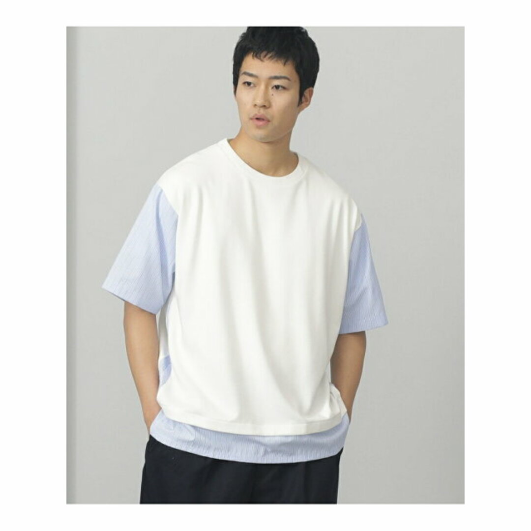 【WHITE】BEAMS HEART / ストライプ切替 ビッグTシャツ