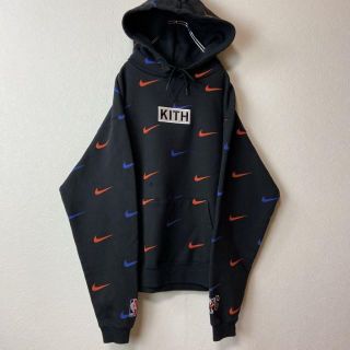 レアコラボ】NIKE ✖️ KITH 総柄パーカー古着スウッシュ黒ブラック刺繍-