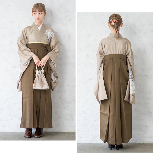 新作 卒業式袴 袴3点セット 牡丹 ブラウン 茶色 袴 二尺袖 大学生袴