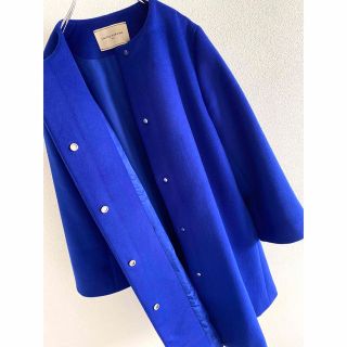 UNITED ARROWS Aライン ノーカラー ミドル丈 コート ブルー