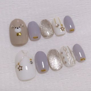 ネイルチップ 現品 くま×グレー×マグネット×クリスマス