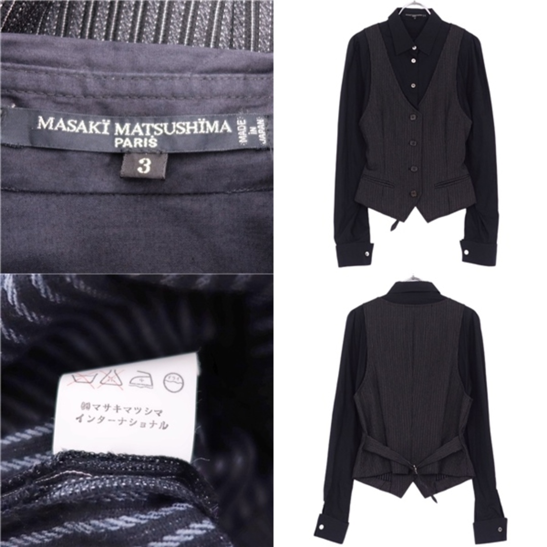 美品 マサキマツシマ MASAKI MATSUSHIMA シャツ ベスト レイヤード ロングスリーブ コンバーチブルカフス ストライプ トップス レディース 3(L相当) ブラック 3