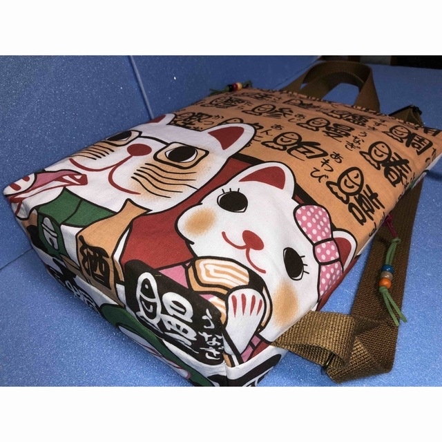 トートバッグ340. にゃんこ手ぬぐいリメイクトートリュック(内 トートバッグ340. にゃんこ手ぬぐいリメイクトートリュック(内