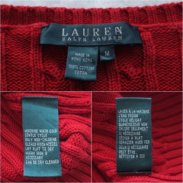 Ralph Lauren(ラルフローレン)のLAUREN RALPHLAUREN クルーネック ケーブルニット コットン 赤 レディースのトップス(ニット/セーター)の商品写真
