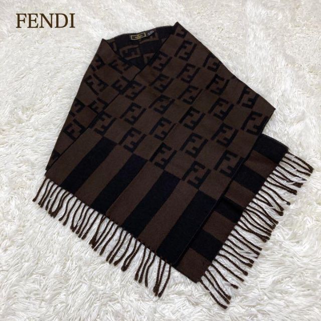 FENDI イタリア製 ズッカ×ペカン ロゴマフラー ウール100