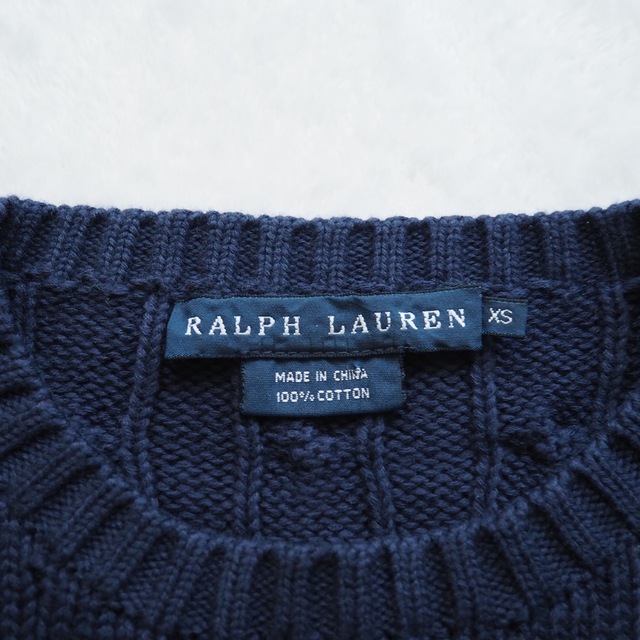 Ralph Lauren(ラルフローレン)のRALPH LAUREN クルーネック ケーブルニット コットン ネイビー 紺 レディースのトップス(ニット/セーター)の商品写真