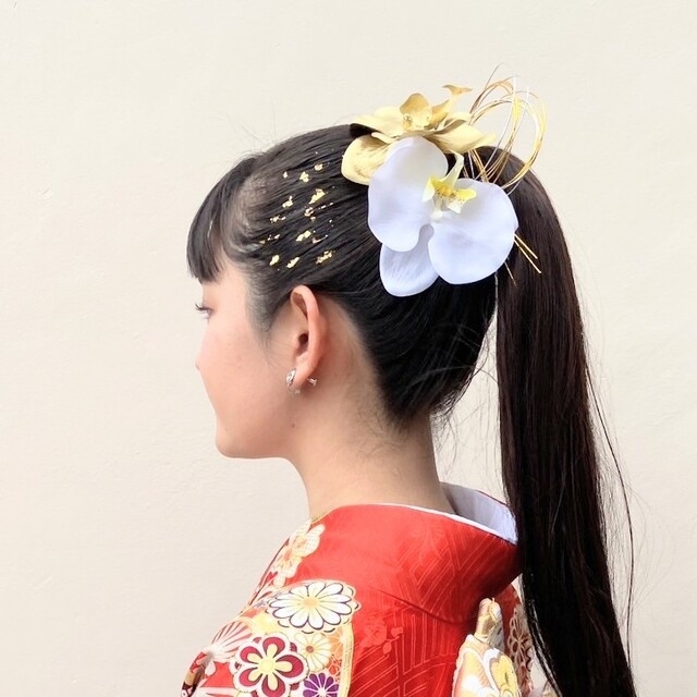 胡蝶蘭髪飾り・結婚式・成人式・卒業式・水引・金箔・色打掛・白無垢