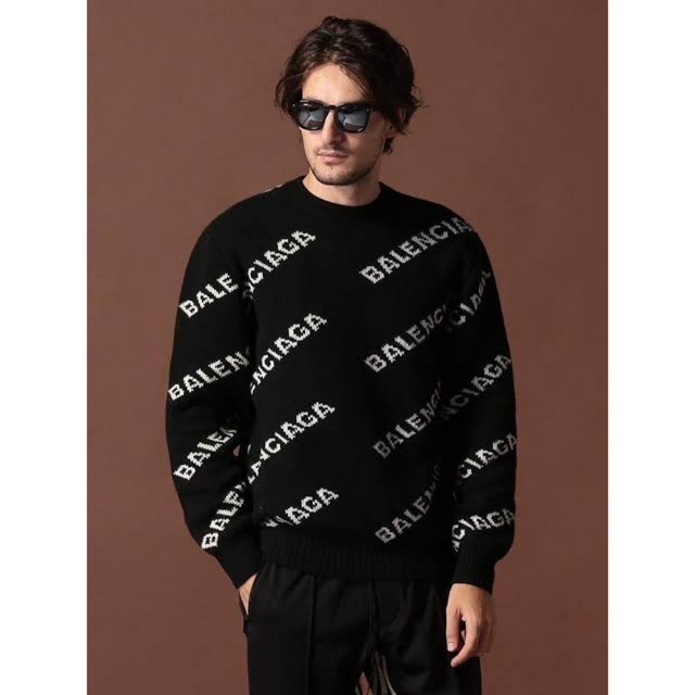 Balenciaga - バレンシアガ 定番 ジャカードニット オールオーバーロゴ クルーネックセーター黒