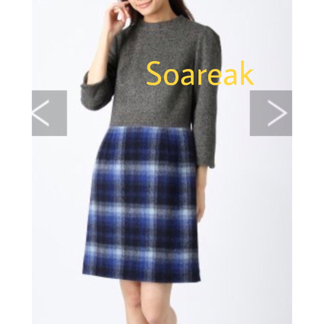 Soareak(ソアリーク)の【Soareak】ハイネックチェックキリカエワンピース/ BLUE レディースのワンピース(ひざ丈ワンピース)の商品写真