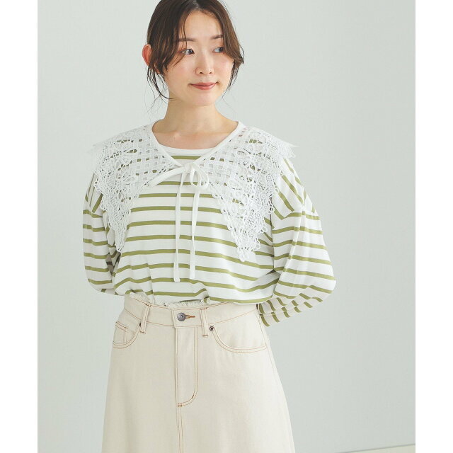 BEAMS(ビームス)の【GREEN】BEAMS HEART / レース襟 ボーダープルオーバー レディースのトップス(トレーナー/スウェット)の商品写真