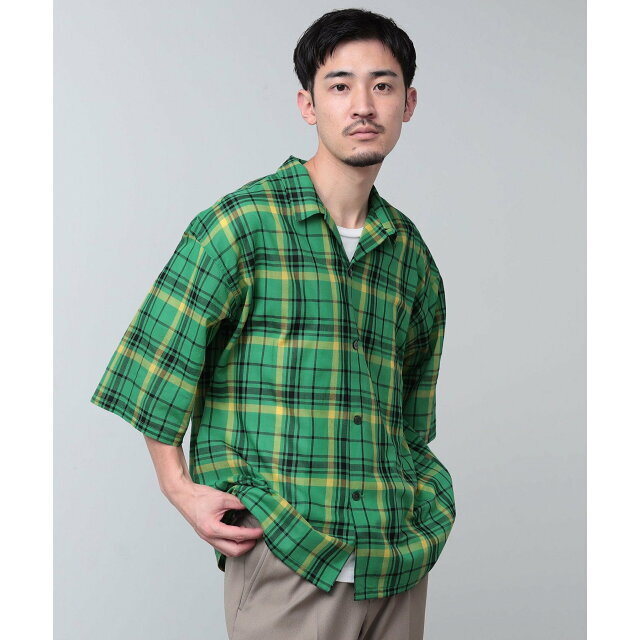 【GREEN】BEAMS / ビッグ チェック ルーズフィット オープンカラーシャツ