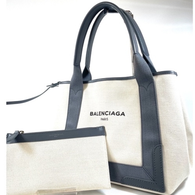 BALENCIAGA ネイビーカバス トートバッグ グレー×ホワイト ポーチ付き