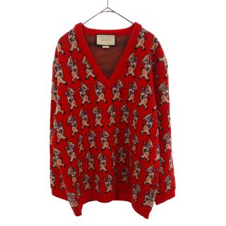 グッチ(Gucci)のGUCCI グッチ Wool Pig V-Neck Sweater 545735-XKAD 子豚総柄ジャガード Vネックニットトレーナー セーター レッド(ニット/セーター)