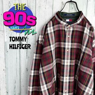 トミーヒルフィガー(TOMMY HILFIGER)の90's トミーヒルフィガー  月桂樹ロゴ刺繍　ノーカラーチェックシャツ(シャツ)