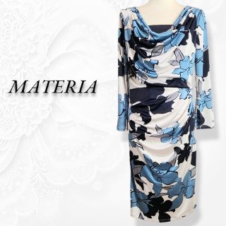 マテリア(MATERIA)のMATERIA マテリア ワンピース 長袖  ブルー 大判花柄 M(ひざ丈ワンピース)