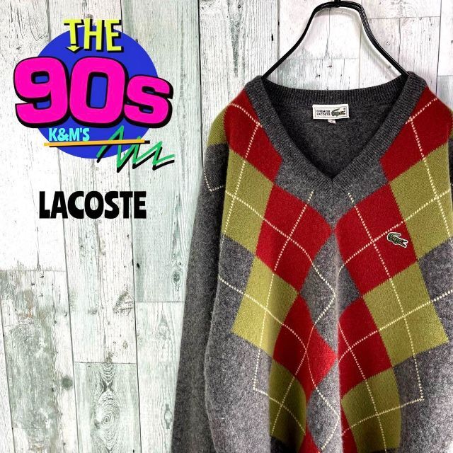 LACOSTE(ラコステ)の80's CHEMISE LACOSTE アーガイル柄　ロゴ刺繍　Vネックニット メンズのトップス(ニット/セーター)の商品写真