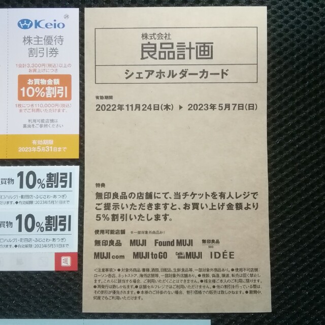 MUJI (無印良品)(ムジルシリョウヒン)の【匿名配送】無印良品優待券（5%割引券）、京王・小田急・東急百貨店株主優待券 チケットの優待券/割引券(ショッピング)の商品写真