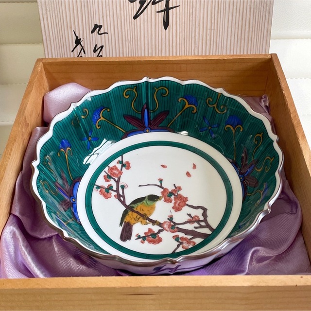 正規品販売！ 九谷焼 角福 菓子鉢 桐箱付 花鳥 小紋 中鉢 飾り皿 色絵