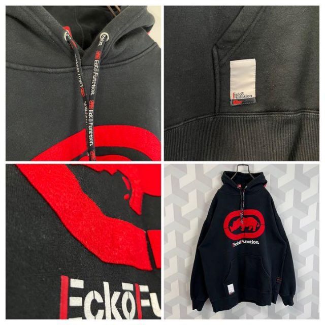 【90sストリート】ecko 超肉厚刺繍ビッグロゴ スウェットパーカー 黒エコー nautica ニット セーター ワンポイント刺繍ロゴ vネック グレー
