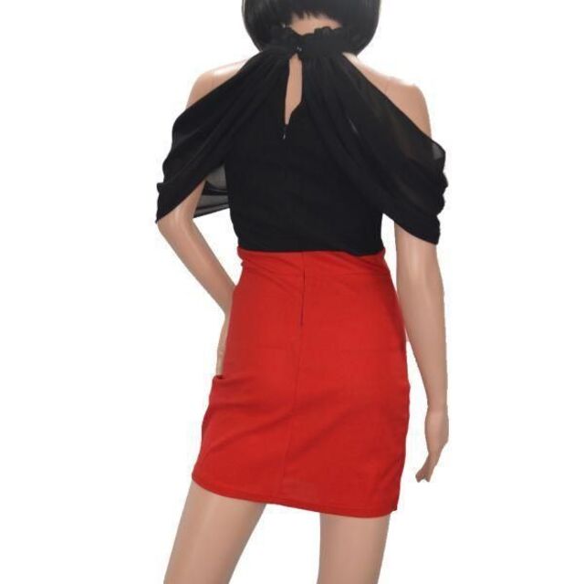 キャバドレス 179R ミニ ドレス黒赤 シフォン バイカラー ボディコン レディースのフォーマル/ドレス(ミニドレス)の商品写真