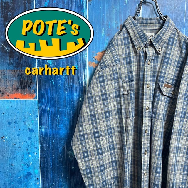 carhartt(カーハート)の【カーハート】レザーロゴフラップダブルポケットレトロワークチェックシャツ　ブルー メンズのトップス(シャツ)の商品写真