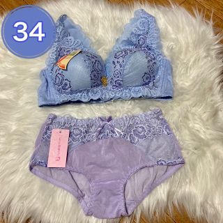 水色 ノンワイヤー ブラジャー ショーツ 34 D65 B75 B70C70 (ブラ&ショーツセット)