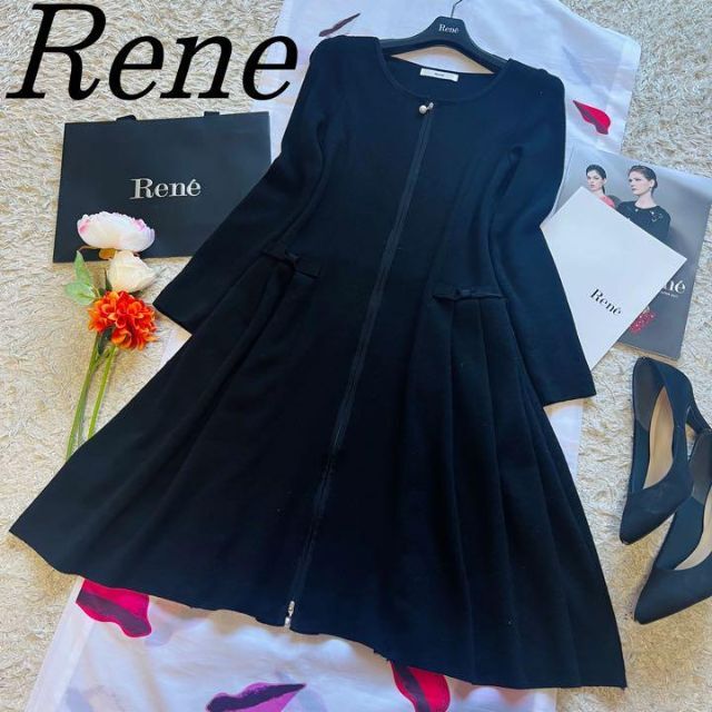 良品】Rene コートワンピース ブラック フレア リボン パール 36-