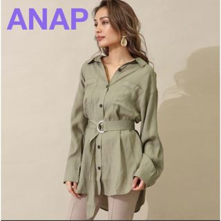 アナップ(ANAP)のANAP リネンライクベルト付きシャツ カーキ(シャツ/ブラウス(長袖/七分))