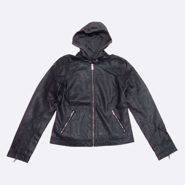 Hollister(ホリスター)の★新品★ホリスター★フェイクレザーフード付きシングルライダース(Black/M) レディースのジャケット/アウター(ライダースジャケット)の商品写真