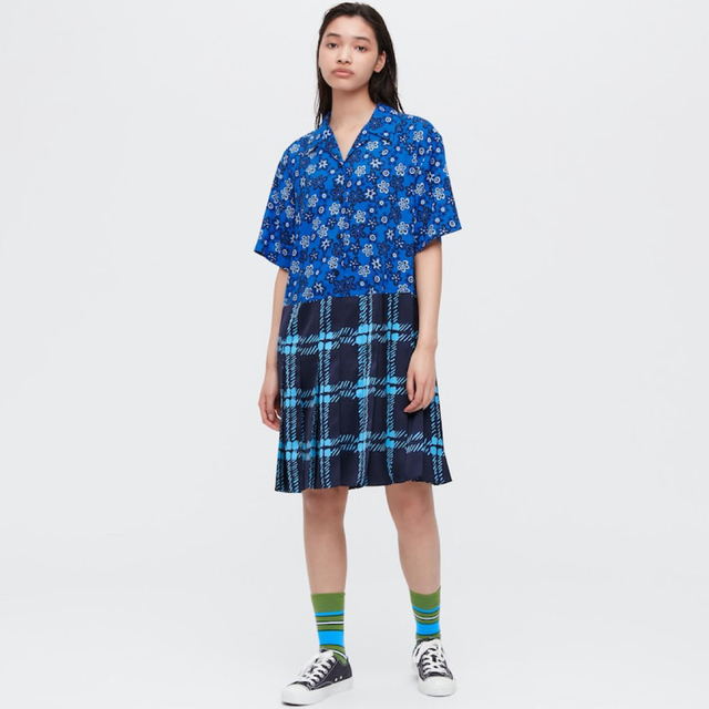 新品 UNIQLO marni オープンカラープリーツワンピース ブルー 半袖