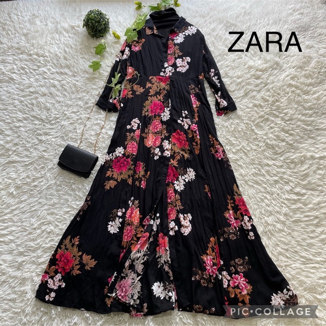 ZARA(ザラ)の★専用★    ZARA 花柄ロングシャツワンピースマキシ丈ワンピース　ブラック レディースのワンピース(ロングワンピース/マキシワンピース)の商品写真