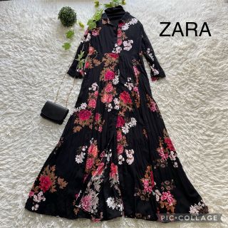 ザラ(ZARA)の★専用★    ZARA 花柄ロングシャツワンピースマキシ丈ワンピース　ブラック(ロングワンピース/マキシワンピース)