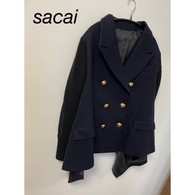 sacai wool mix ニット　ジャケット　コート　ネイビー