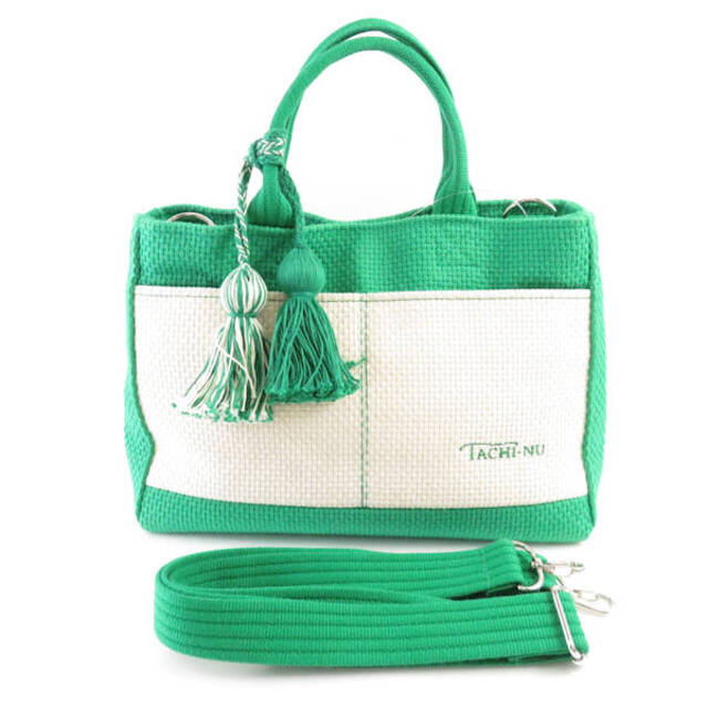 美品 TACHI-NU タチヌ ツインタッセルチャーム付きトートバッグ グリーン系 綿100% BASIC コンパクト ハンド 2way 鞄 レディース AU1108C