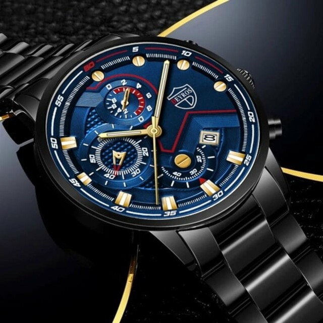 クロノグラフ DEYROS 腕時計メンズ ラグジュアリーステンレス 黒青