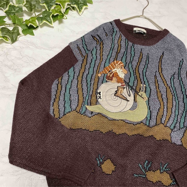 柄ニット 総柄 デザインニット 古着 レトロ くすみカラー お洒落 刺繍