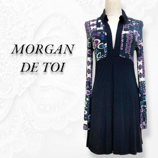 モルガンドゥトワ(MORGAN DE TOI)のMORGAN モルガン ワンピース 切り替え ポップ柄　黒(ひざ丈ワンピース)