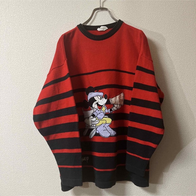 MICKEY\u0026CO. 90s ミッキー赤色　袖白黒ボーダートレーナー