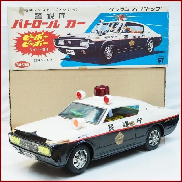 アオシン トヨタ クラウンHT SLパトカー電動走行tinブリキtoy箱付car