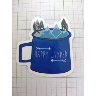 【1117】HAPPY CAMPER マグカップ 青 ブルー 防水ステッカー(その他)
