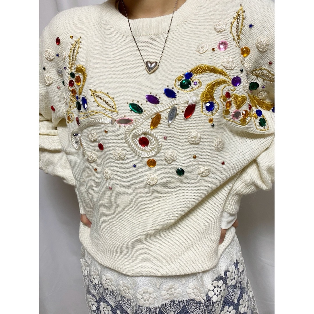 ビンテージ 90s 刺繍 ビーズ デザイン 3D宝石 カラフル ニット セーター